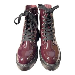 Sugar Patent Combat Boots – Burgundy, Size 6.5M